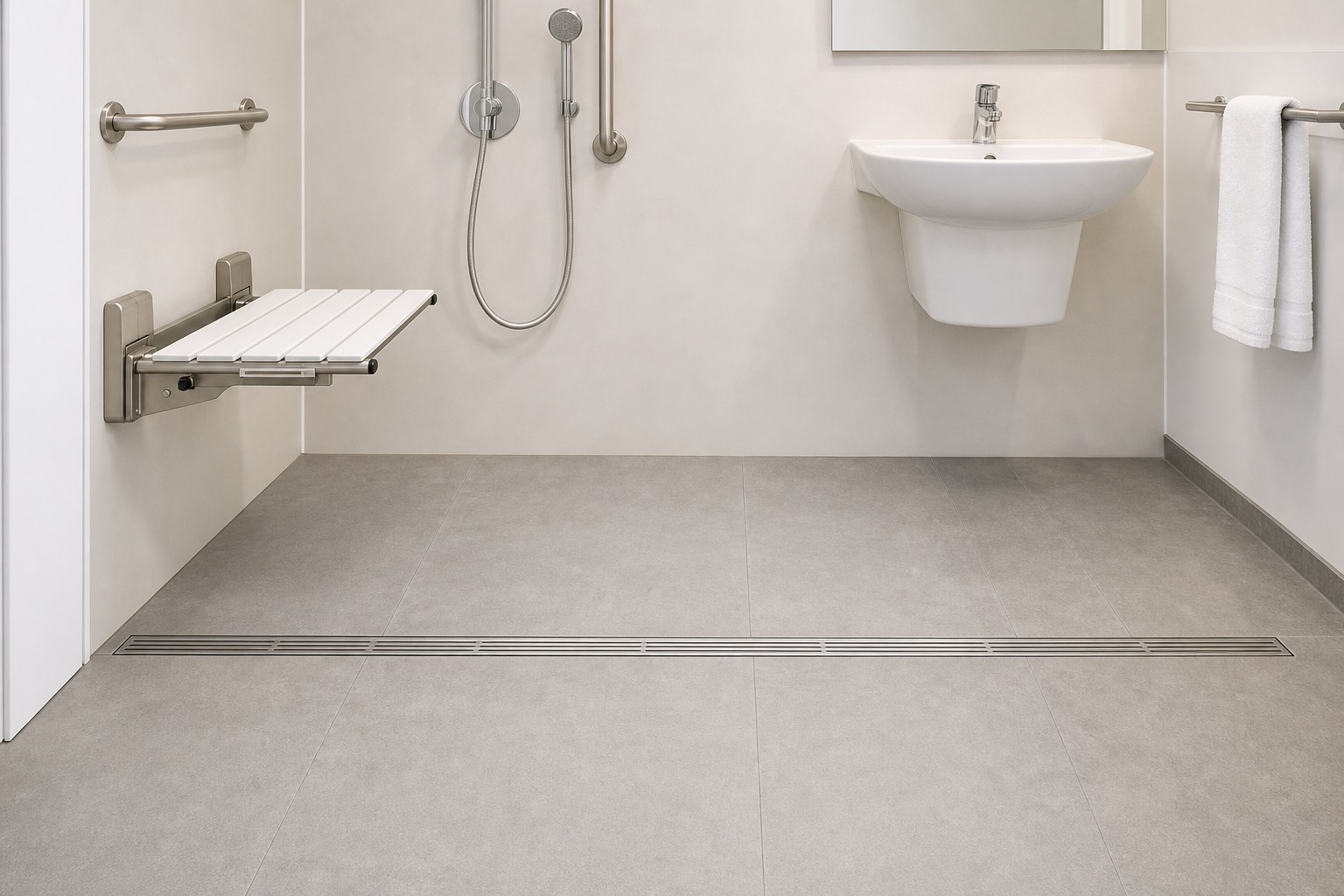Accessible barrier-free bathroom with a level-access linear channel drain