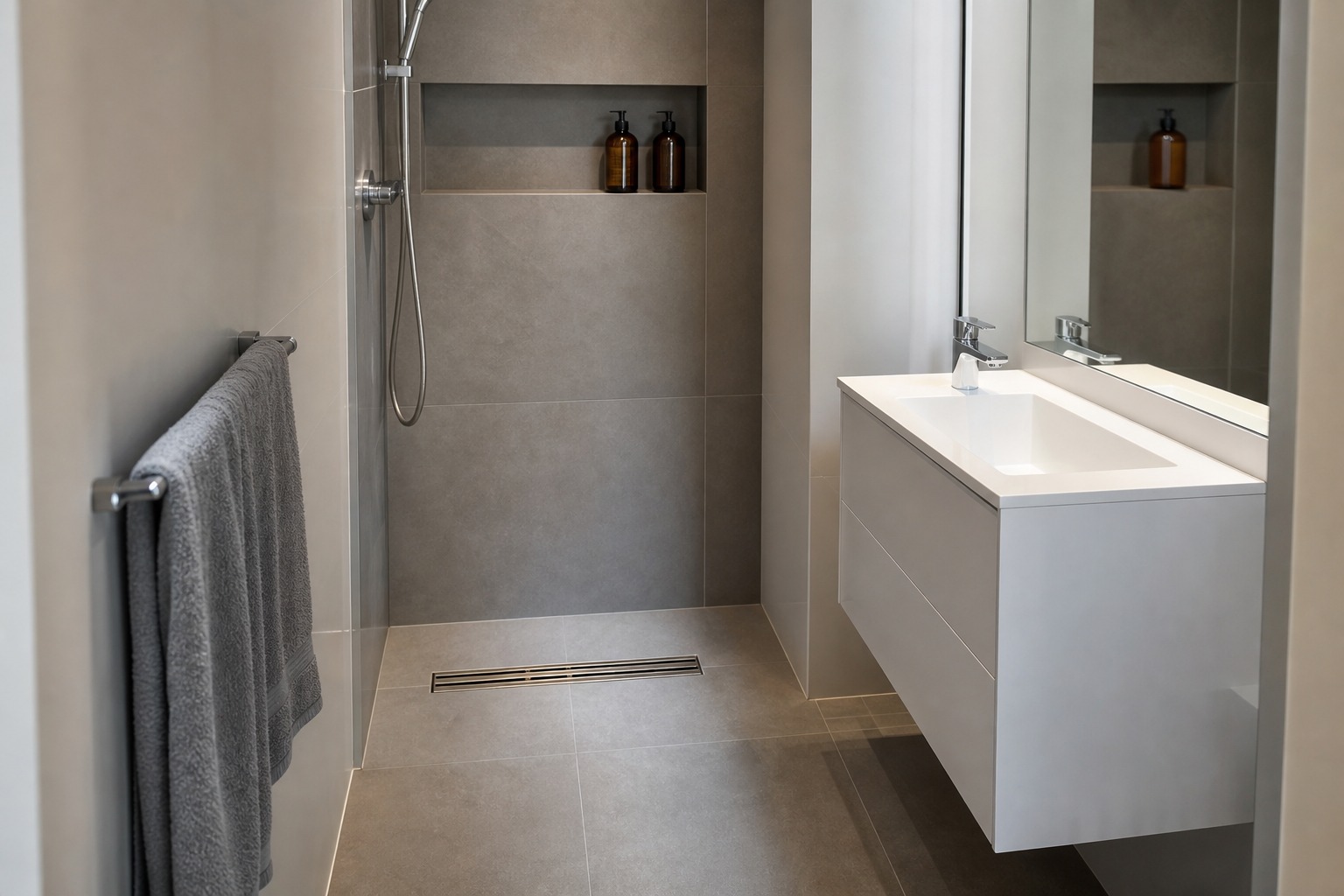 Compact apartment bathroom with a linear channel shower drain