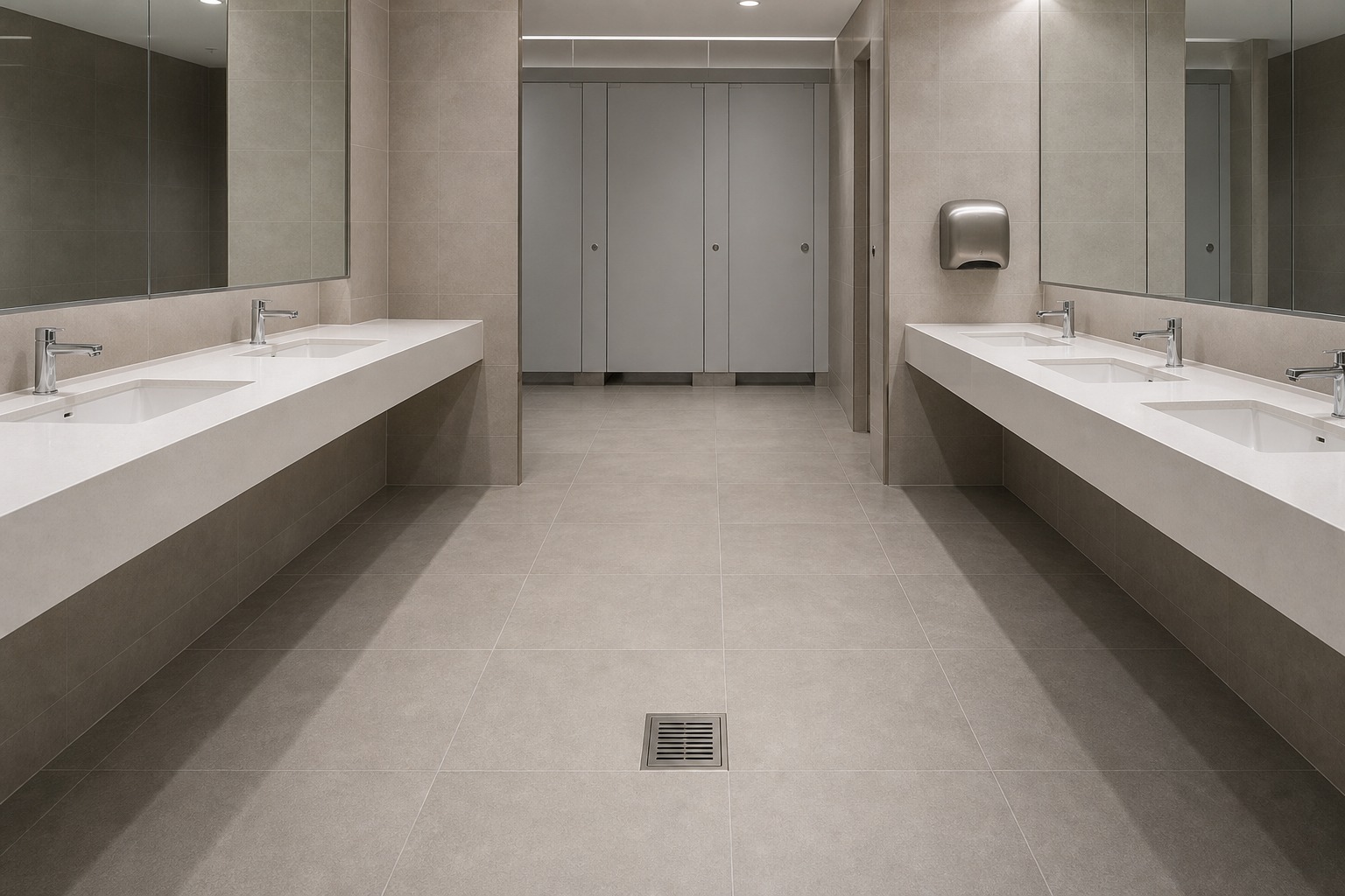 Commercial washroom with a square stainless steel floor drain