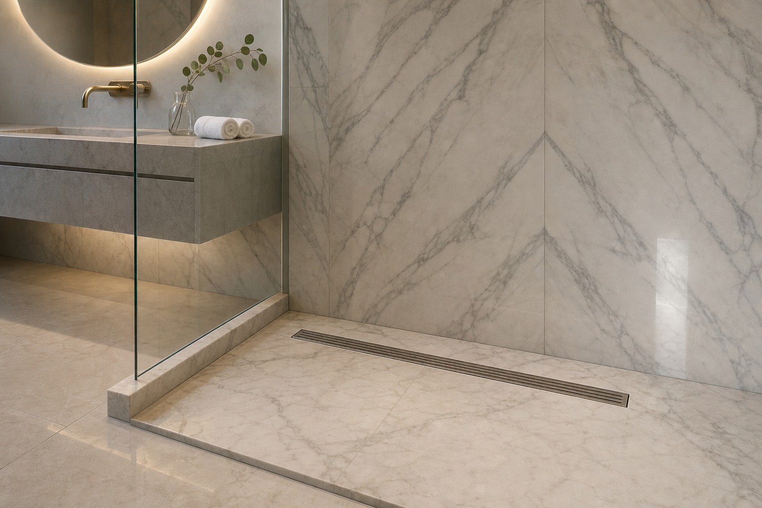 Luxury hotel bathroom in marble with a linear channel shower drain