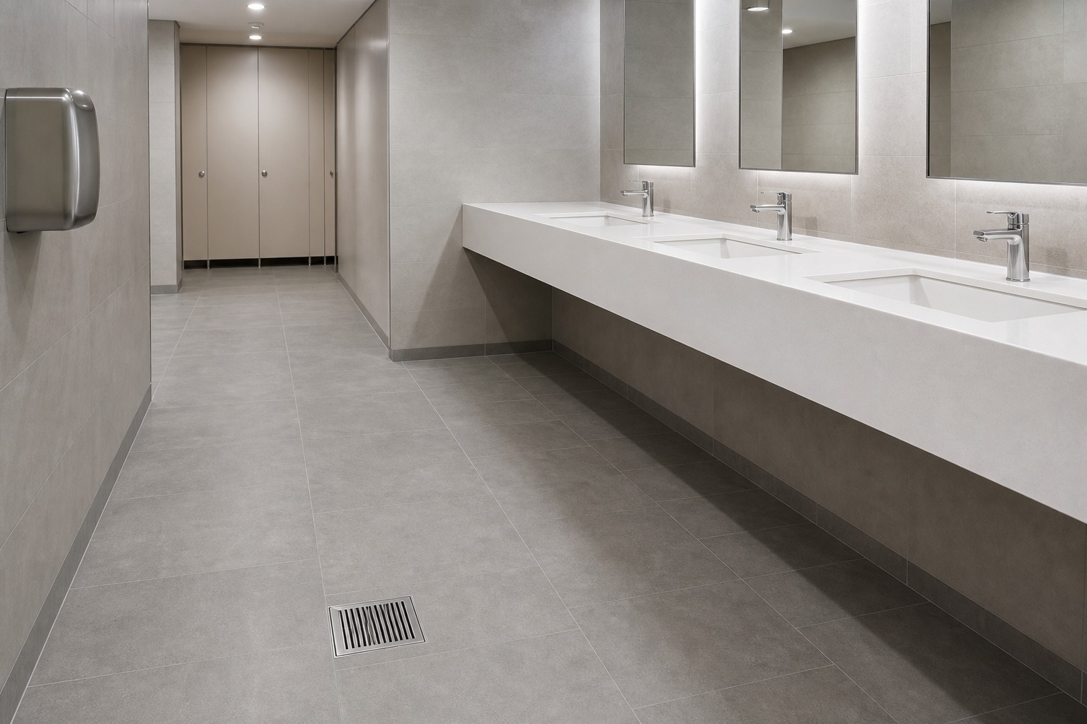 Public washroom with a square stainless steel floor drain
