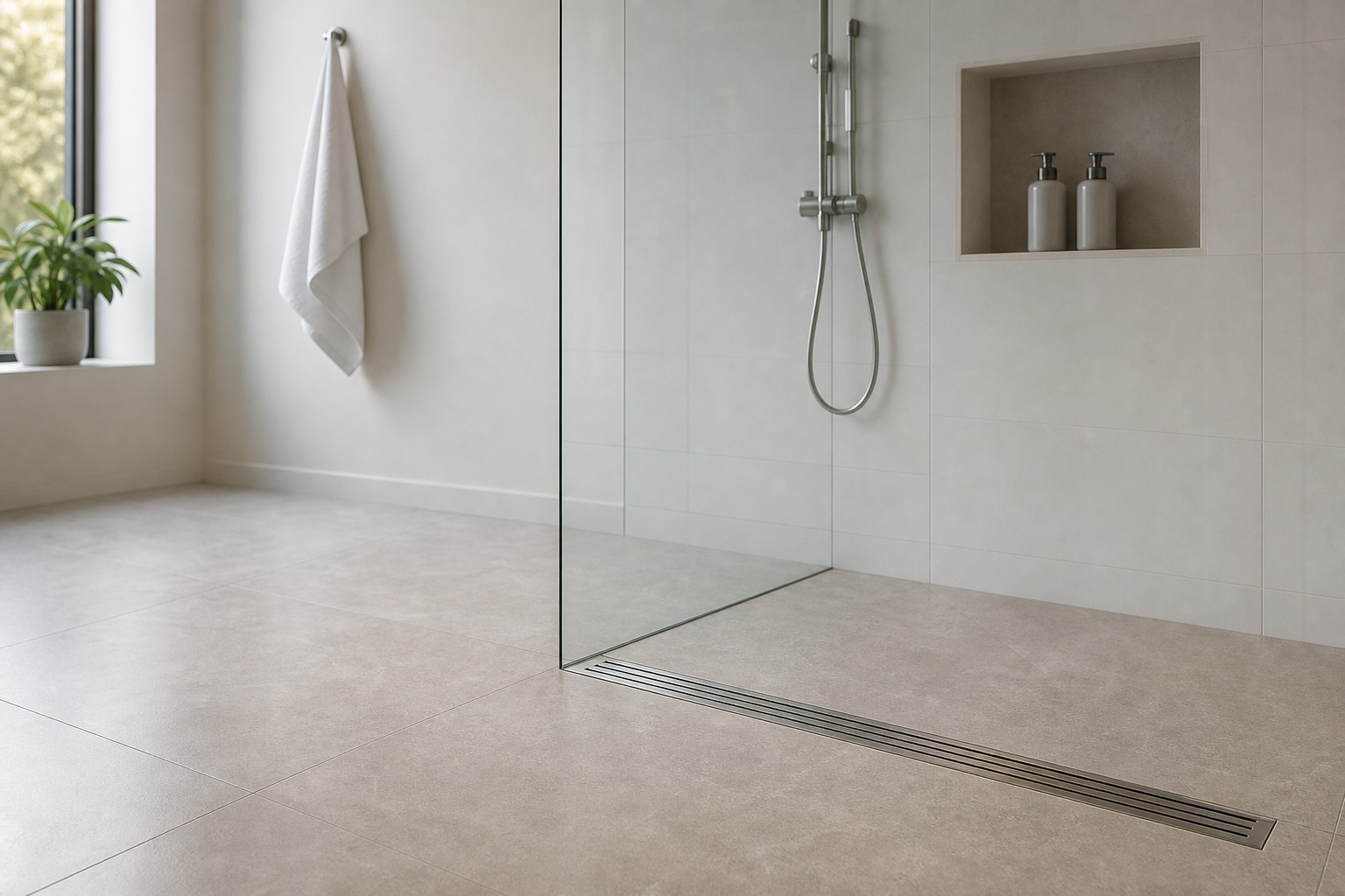 Modern residential bathroom with a linear channel shower drain