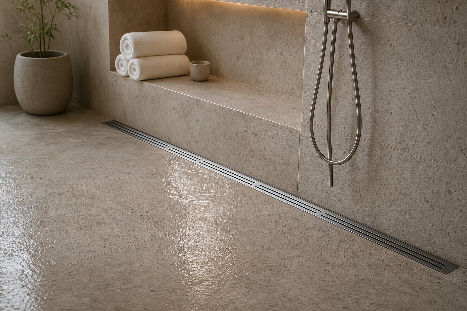 Spa and wellness wet area with a linear channel drain at the wall base