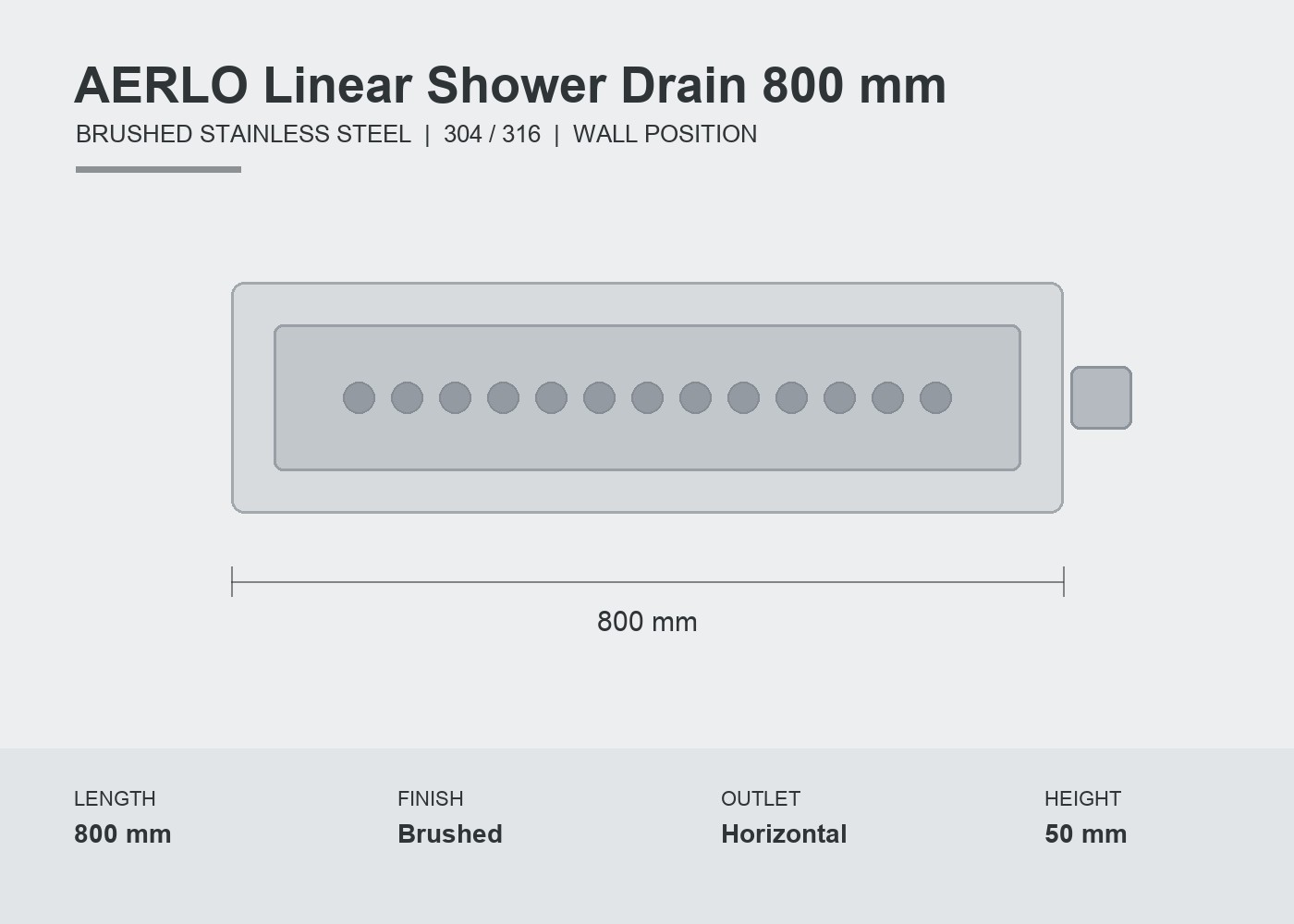 AERLO linear shower drain 800 mm brushed stainless steel